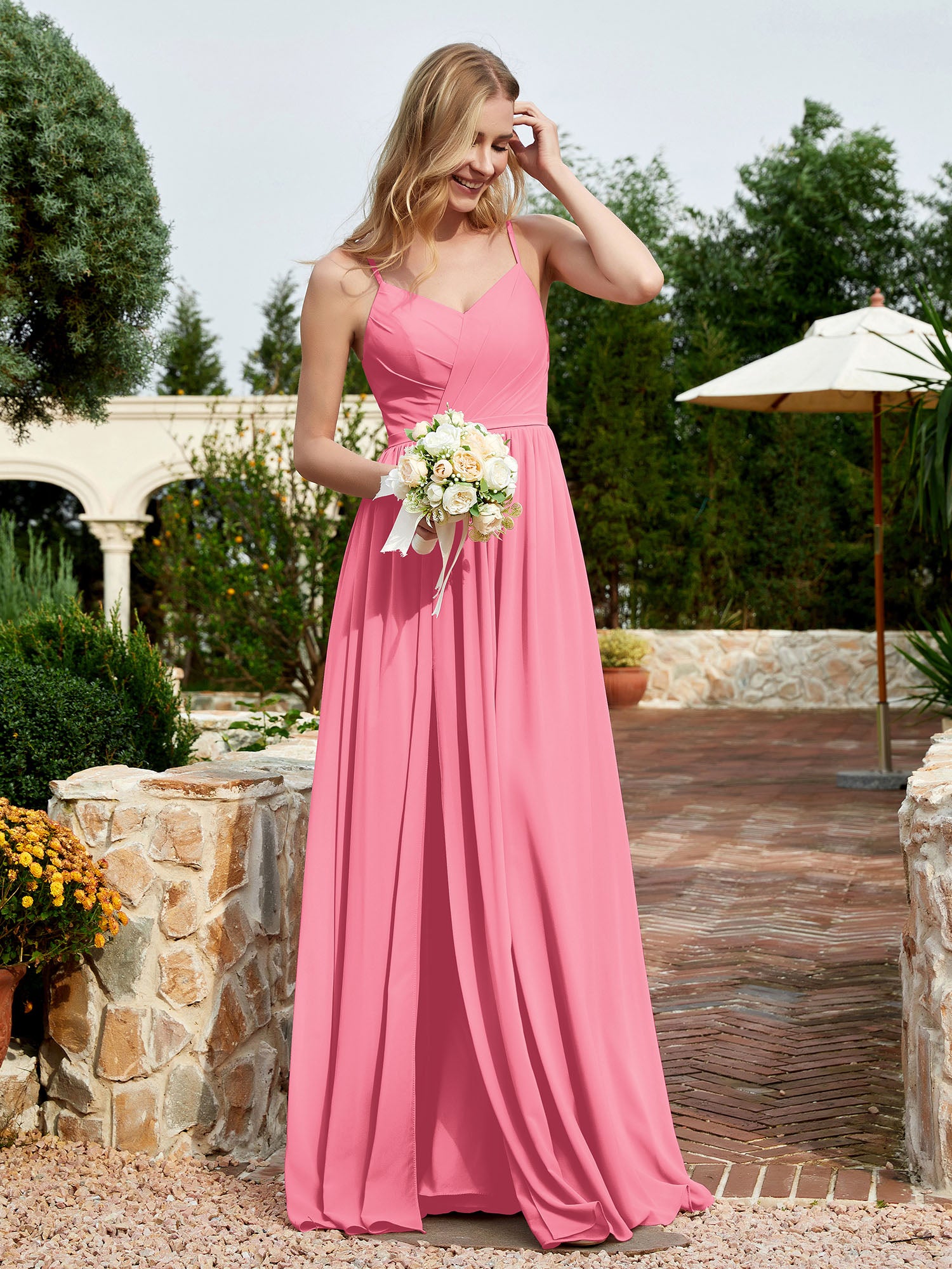 V-neck Spaghetti Straps Bridesmaid Dress With Slit Watermelon